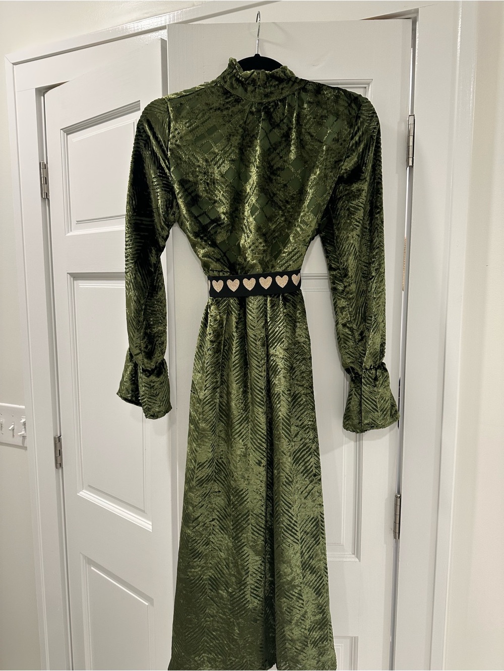 Olive Green Velvet Midi Dress with Heart-Accent Belt